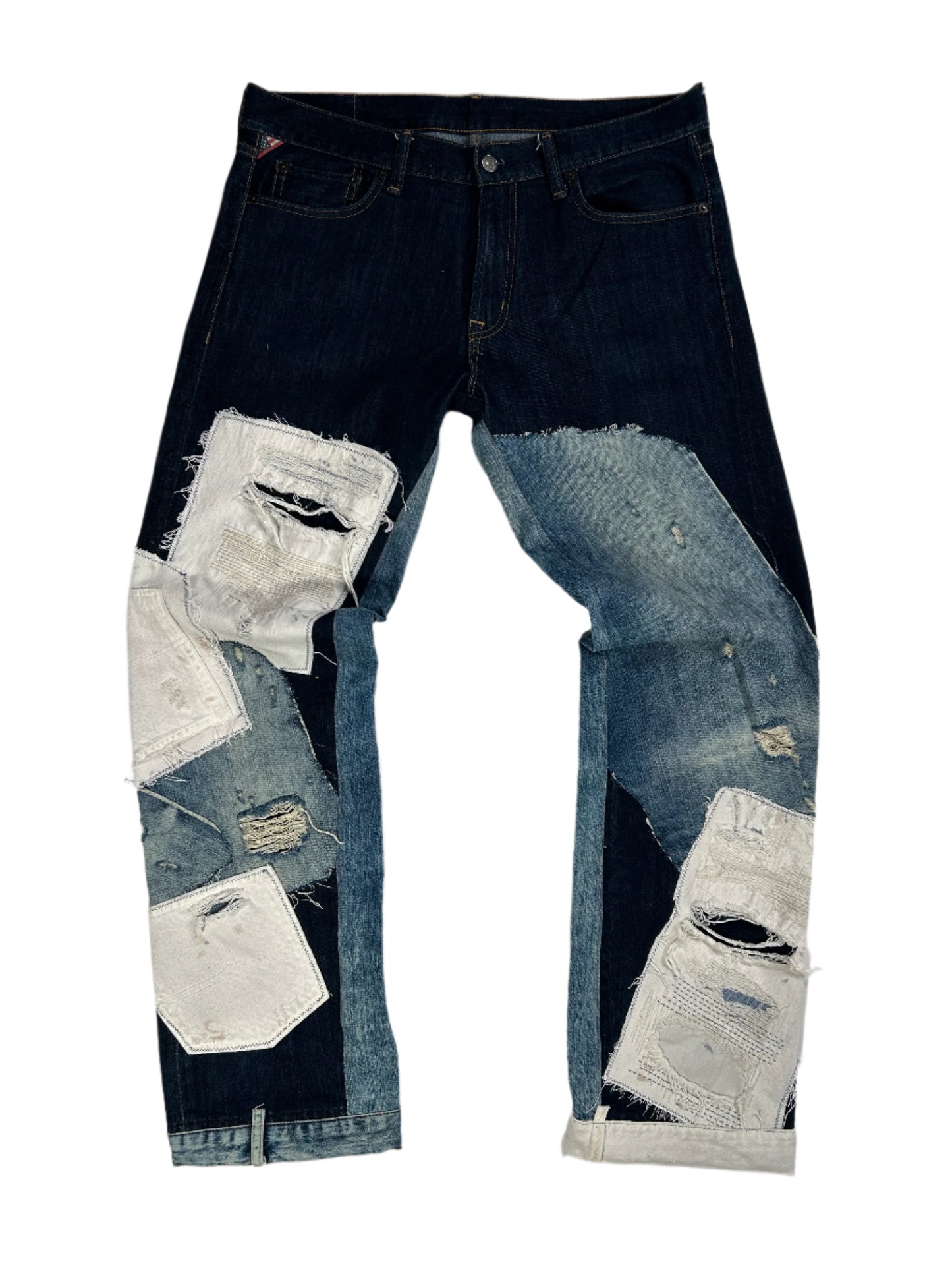 Blue Distressed Reworked Flared Denim Jeans