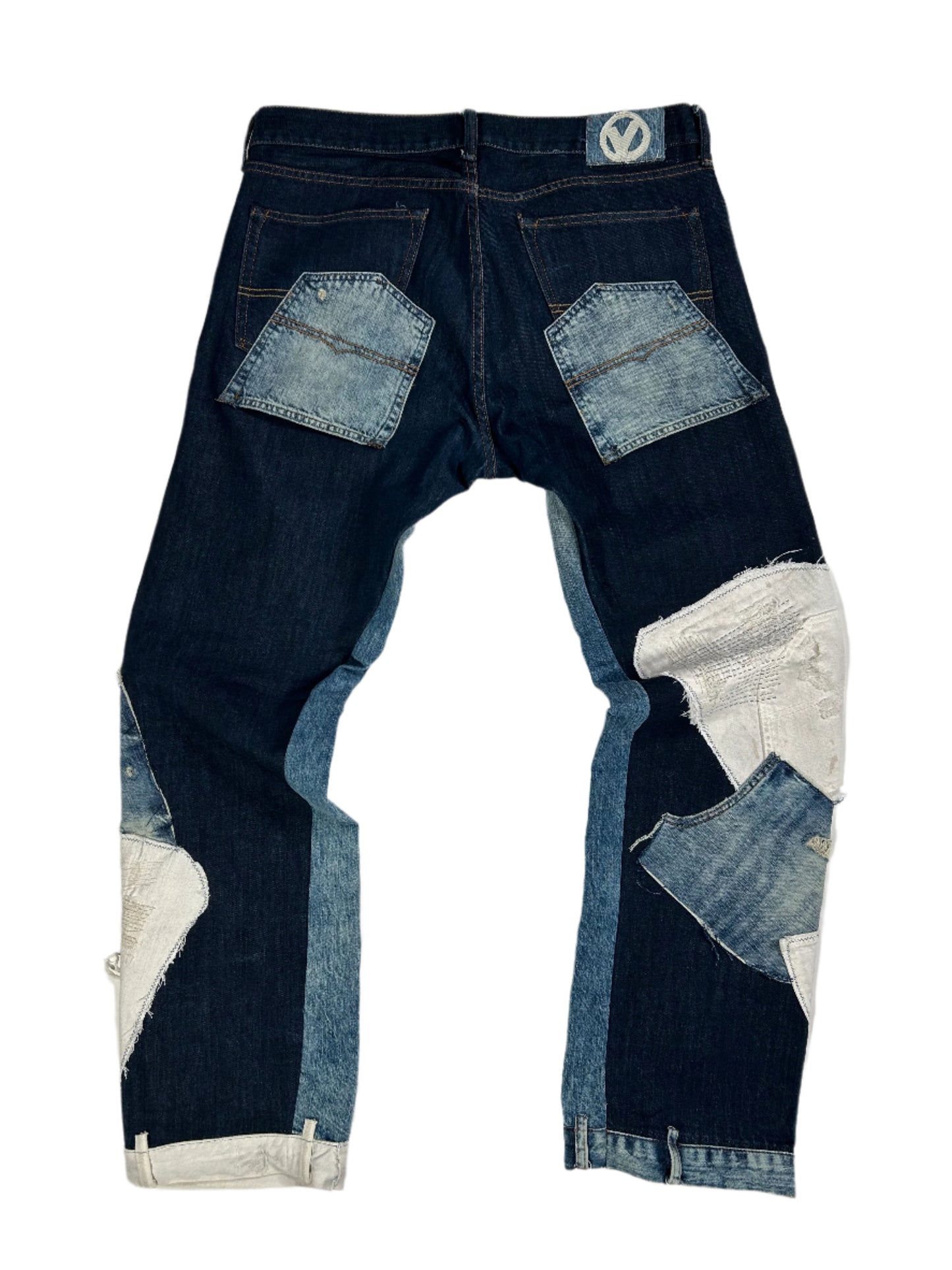 Blue Distressed Reworked Flared Denim Jeans