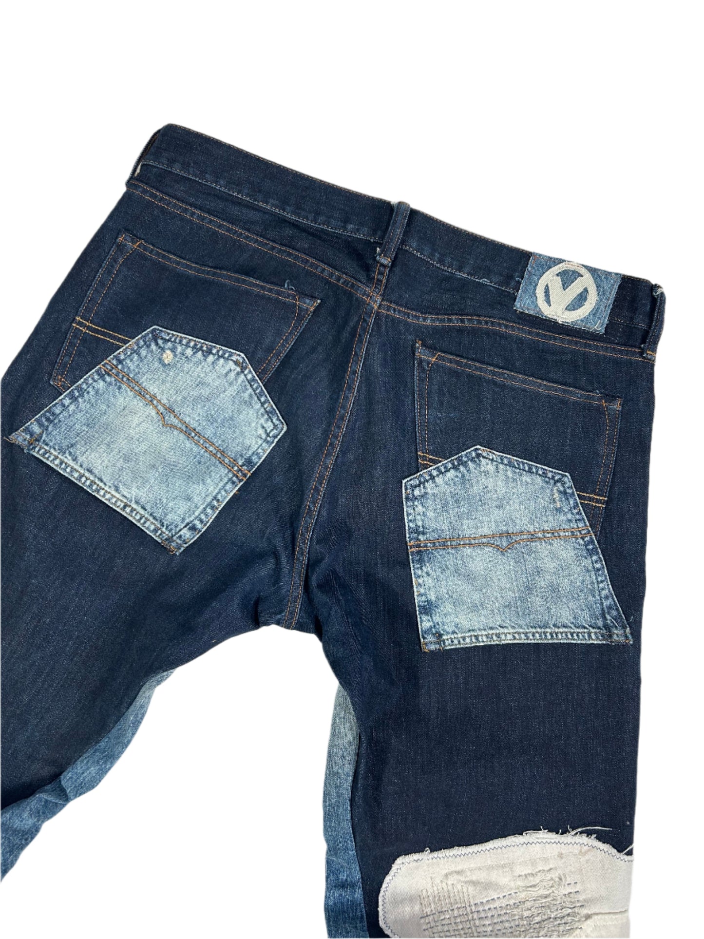 Blue Distressed Reworked Flared Denim Jeans