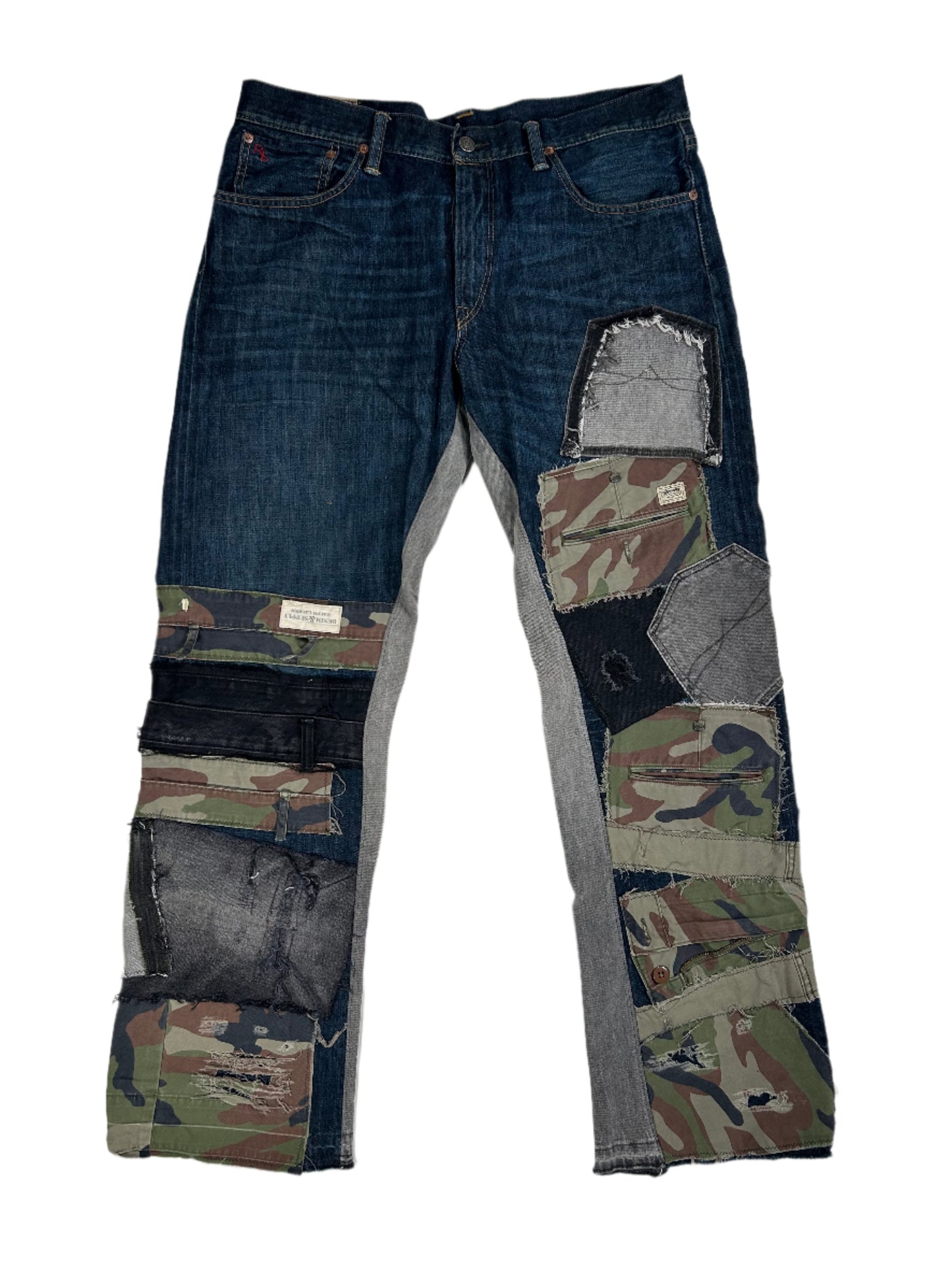 Camo Distressed Reworked Flared Denim Jeans