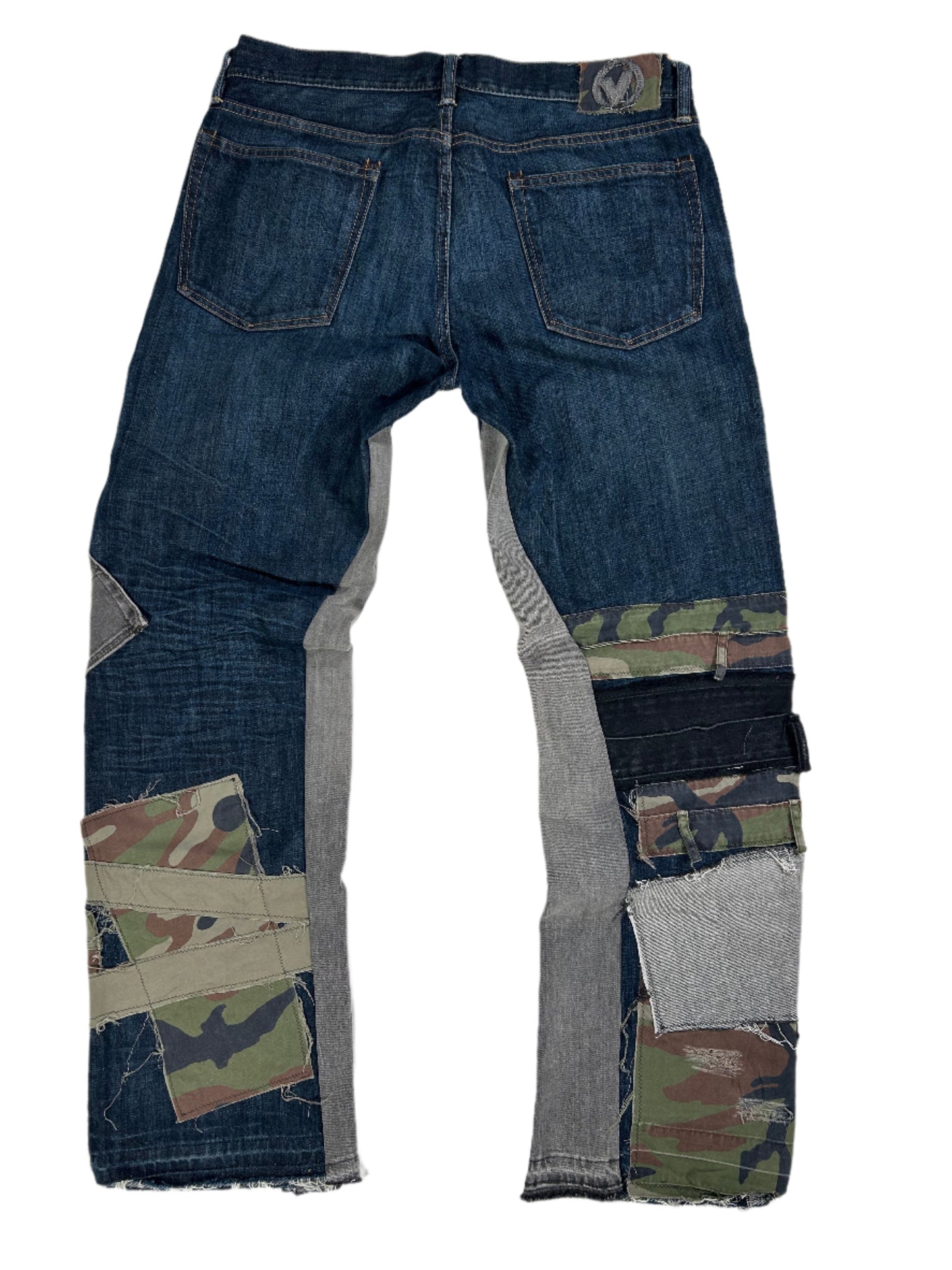 Camo Distressed Reworked Flared Denim Jeans