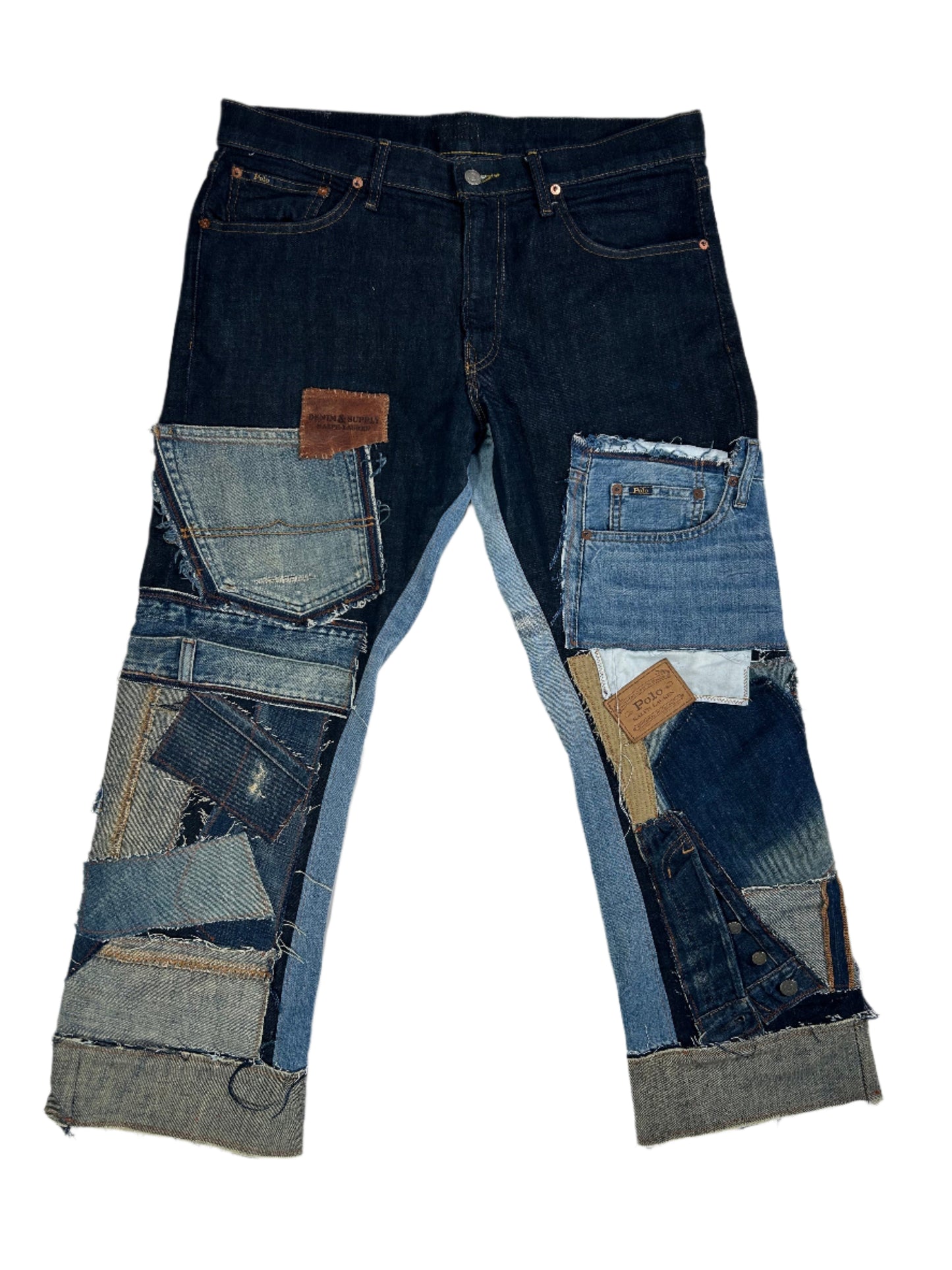 Dark Blue Distressed Reworked Flared Denim Jeans