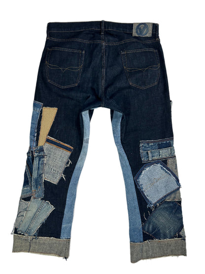 Dark Blue Distressed Reworked Flared Denim Jeans